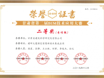 建科院六名同志入圍甘肅省建筑業(yè)聯(lián)合會(huì)專家?guī)?并獲第二屆BIM大賽二等獎(jiǎng)榮譽(yù)證書(shū)